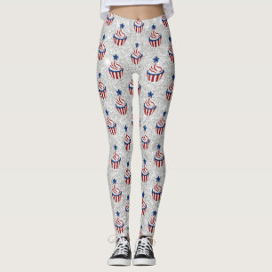 Röd, Vit, Blå Juli 4 Cupcake Glitter Leggings