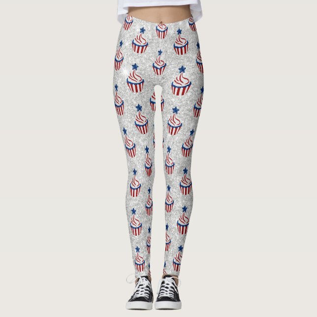 Röd, Vit, Blå Juli 4 Cupcake Glitter Leggings (Framsida)