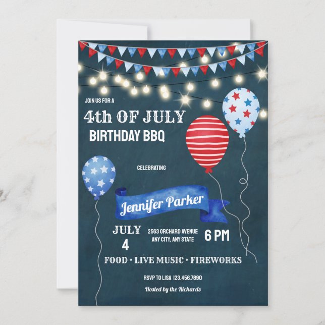 Röd Vit Blå Juli Fjärde | 4:e Juli Födelsedag Inbjudningar (Framsida)