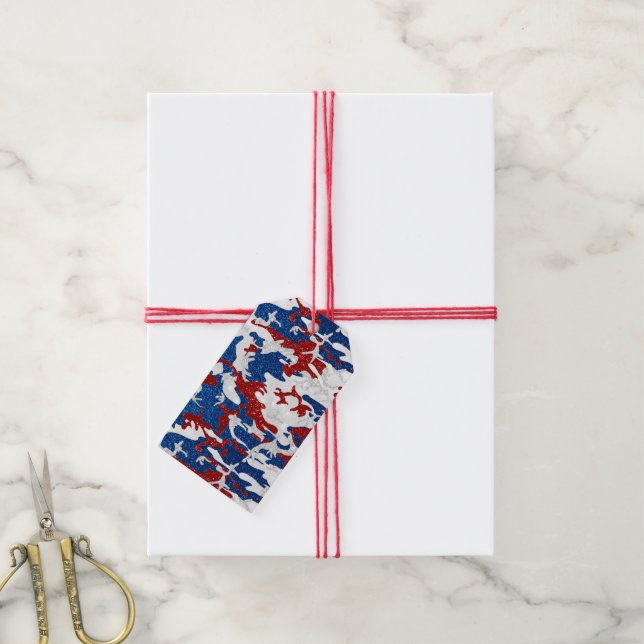 Röd, Vit & Blå Kamouflage 4:e Juli Glitter Presentetikett (Med Snöre)