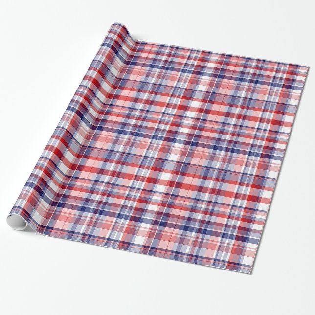 Röd, Vit, Blå Preppy Madras-ruta Presentpapper (Utrullad)