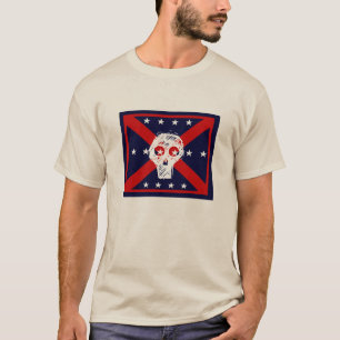 röd, vit, blå skalle pirat flagga grått t-shirt
