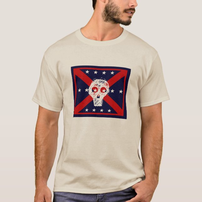 röd, vit, blå skalle pirat flagga grått t-shirt (Framsida)