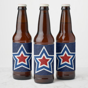Röd, Vit, Blå Stjärna 4:e Juli Glitter Ölflaska Etikett