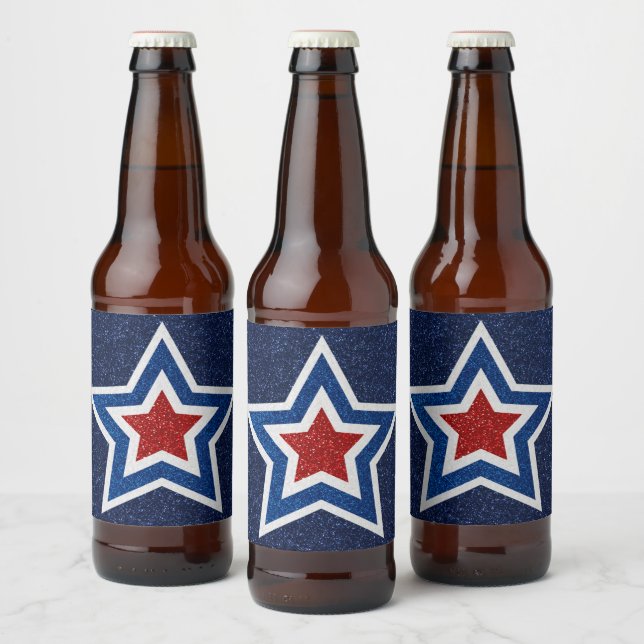 Röd, Vit, Blå Stjärna 4:e Juli Glitter Ölflaska Etikett (Flaskor)