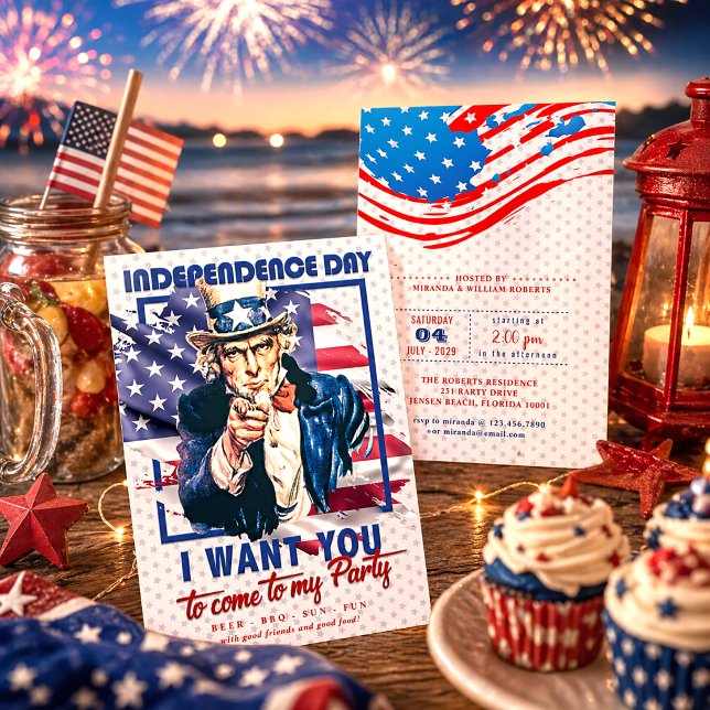 Röd, Vit & Blå Uncle Sam 4:e Juli-fest Inbjudningar (Skapare uppladdad)