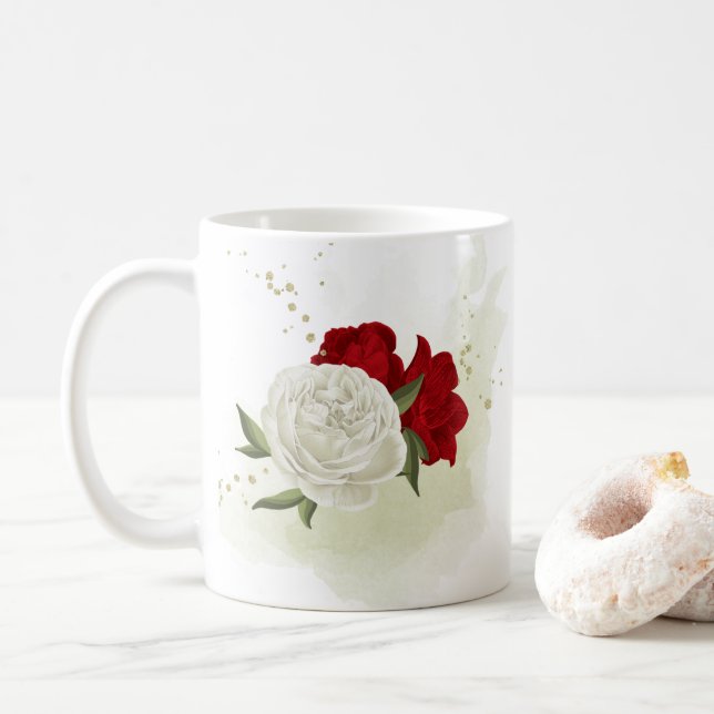 Röd vit blomstergrönska  kaffemugg (Med munk)