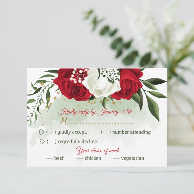 röd & vit blomstergrönska måltidsval OSA kort (Stående Fram)