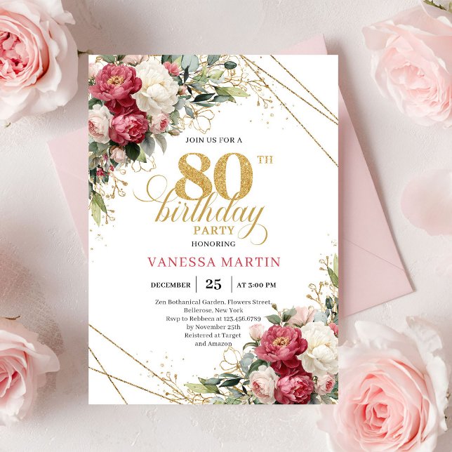 Röd vit blomsterguld accentkort 80-årsdag  inbjudningar (Red white floral gold accent card 80th birthday invitation

)