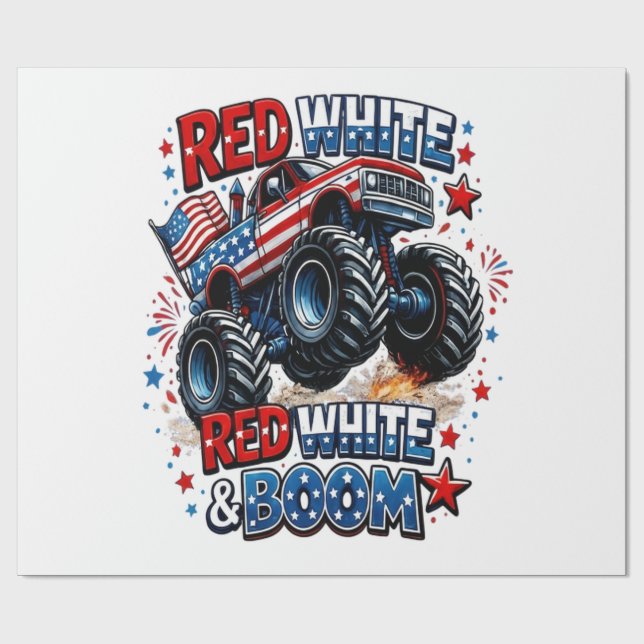 Röd Vit Boom Monstertruck Presentpapper (Platt)