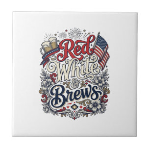 Röd Vit & Brews Patriotisk Ölblus Design_1 Kakelplatta