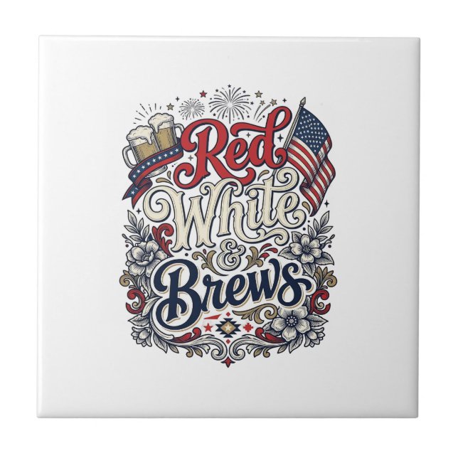 Röd Vit & Brews Patriotisk Ölblus Design_1 Kakelplatta (Framsidan)