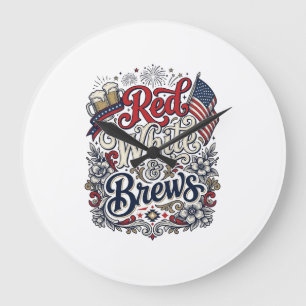 Röd Vit & Brews Patriotisk Ölblus Design_1 Stor Klocka