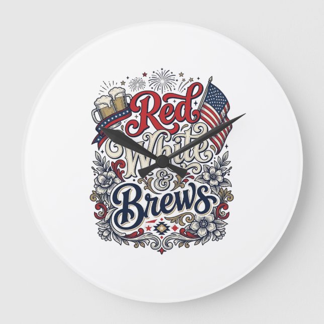 Röd Vit & Brews Patriotisk Ölblus Design_1 Stor Klocka (Framsida)