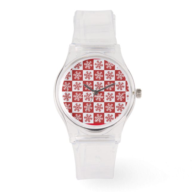 Röd/vit check snowflake mönster Thunder_Cove Armbandsur (Framsida)