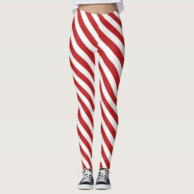 Röd vit diagonal godisrandiga ränder semester leggings (Framsida)