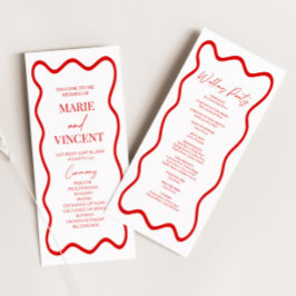 Röd Vit Elegant Vågig Kant Bröllop Program