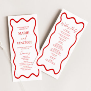 Röd Vit Elegant Vågig Kant Bröllop Program