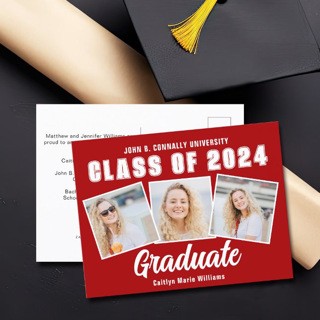 Röd vit examensfoto collage 2025 examen meddelande vykort (Skapare uppladdad)