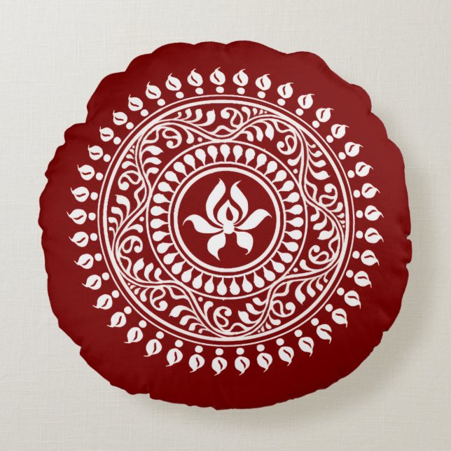 Röd & Vit Festlig Rangoli Rund Kudde (Framsidan)