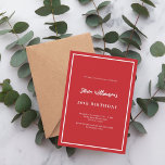Röd vit födelsedag inbjudningar<br><div class="desc">En modern elegant och inbjudan. En röd bakgrund som dekoreras med ett vitt ram. Anpassa och lägg till namn och detaljer. Vit text.</div>