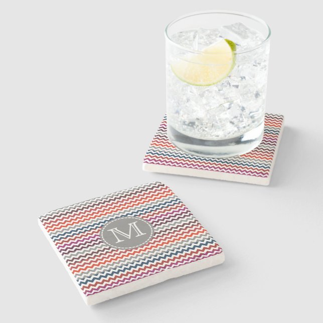 Röd Vit Grå Chevron Sicksack Monogram Stenunderlägg (Sidan)
