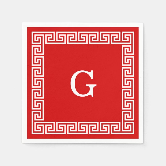 Röd, vit grekisk nyckel #1 inramad monogram pappersservett (Framsidan)