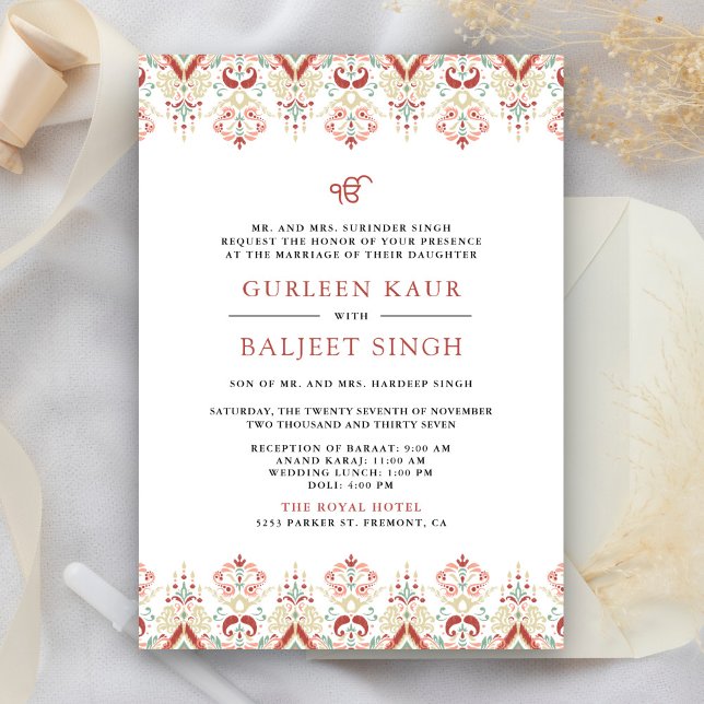 Röd vit Ikat Anand Karaj Sikh-bröllop Inbjudningar (Skapare uppladdad)