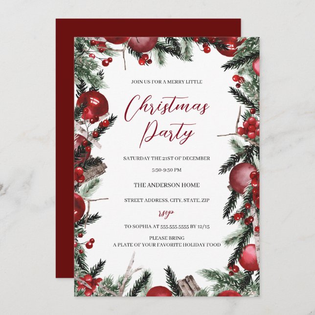 Röd vit jul, andedräkt, Blommigt Party Inbjudningar (Fram/baksida)