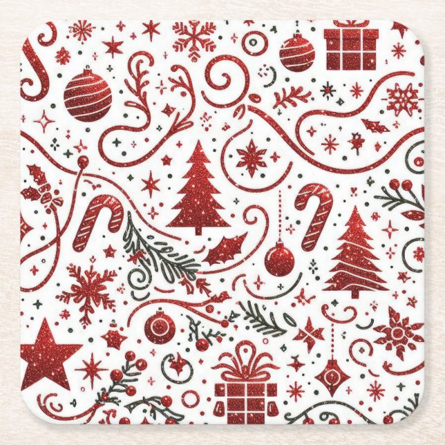 Röd vit jul papper coaster underlägg papper kvadrat (Framsidan)