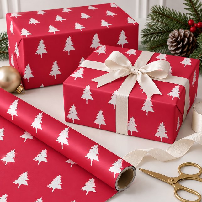 Röd vit julgransmönster presentpapper (Red White Christmas Tree Pattern Wrapping Paper)