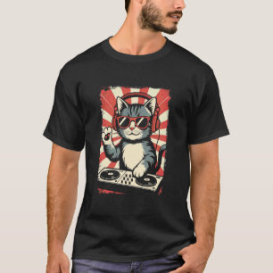 Röd Vit Kattunge DJ på skivspelare EDM Synthesizer T Shirt