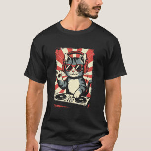 Röd Vit Kattunge DJ på Turntables EDM Synthesizer T Shirt