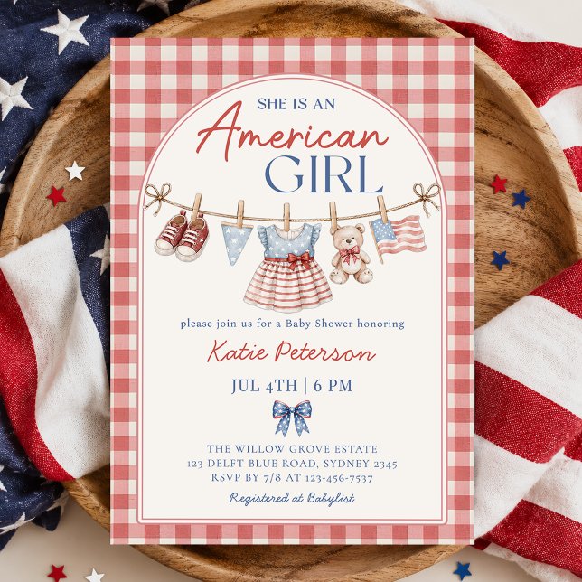 Röd Vit & Kommer All Amerikansk Flickas Babyshower Inbjudningar (Skapare uppladdad)