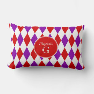 Röd Vit Lila Harlequin Rund Röd Monogram #2 Lumbarkudde