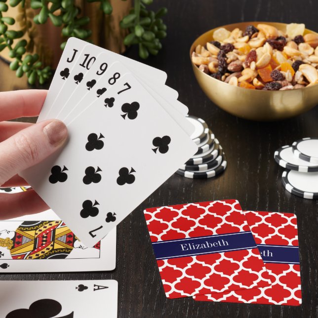 Röd Vit Marockansk #5 Marinblå Namn Monogram Casinokort (På plats)