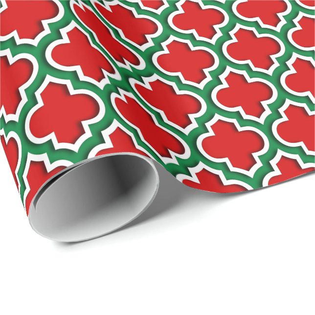 Röd Vit Mörkgrön LG Marockansk Quatrefoil #5DS Presentpapper (Rullad Hörn)