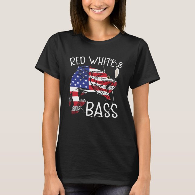 Röd vit och bass amerikansk Flagga 4:e juli-fiske T Shirt (Framsida)