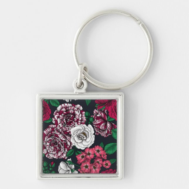 Röd, vit och bi-färg ro med grönt löv på fyrkantig silverfärgad nyckelring (Framsidan)