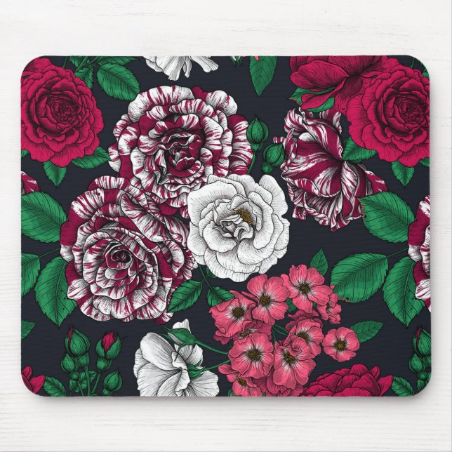 Röd, vit och bi-färg ro med grönt löv på musmatta (Framsidan)