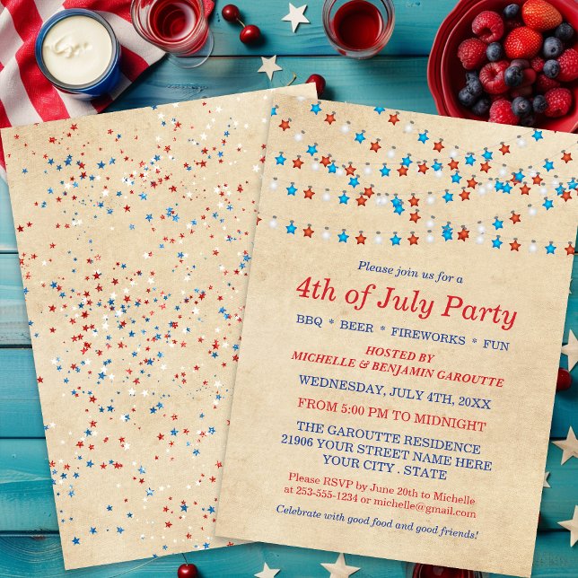 Röd vit och blå 4:e juli-partiets inbjudan (Red White and Blue 4th of July Party Invitation)