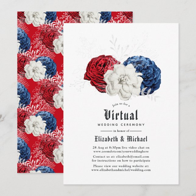 Röd vit och blå amerikansk virtuell bröllopsfest o inbjudningar (Fram/baksida)