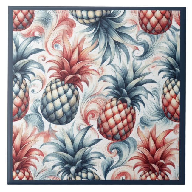 Röd, vit och blå ananas kakelplatta (Framsidan)