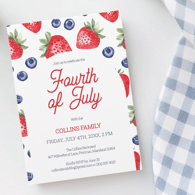 Röd Vit och Blå Bär 4:e Juli Sommarfest Inbjudningar (Red White and Blue Berry 4th of July Summer Party Invitation)