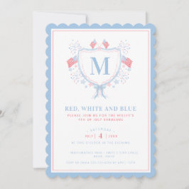 Röd, vit och blå BBQ 4:e juli Monogram Vapensköld Inbjudningar
