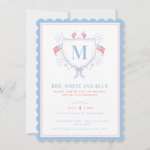 Röd, vit och blå BBQ 4:e juli Monogram Vapensköld Inbjudningar