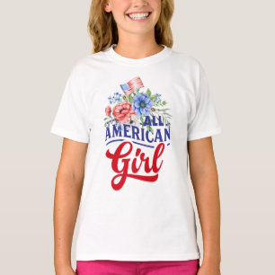 Röd vit och blå blommigt All American Girl T-Shir T Shirt