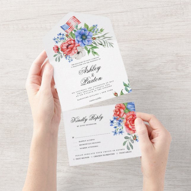 Röd vit och blå Blommigt allt i en invit (Avrivbar del)