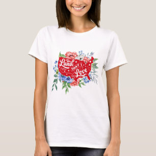 Röd vit och blå blommigt Land i Kärlek T-Shirt
