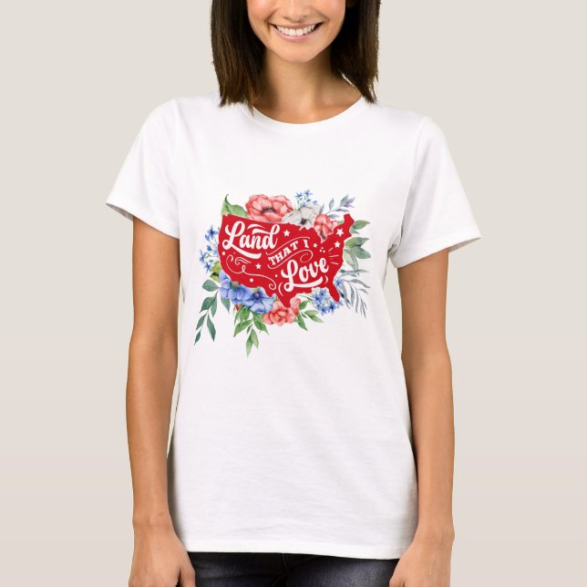 Röd vit och blå blommigt Land i Kärlek T-Shirt (Framsida)
